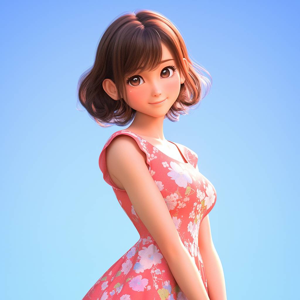 Haruko Akagi wearing a dress, with a 3D Pixar and Disney style, standing against a simple clean background.