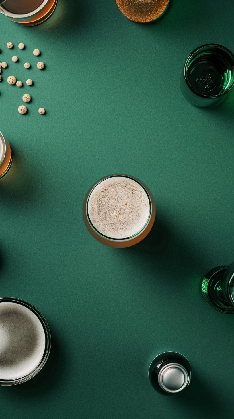 Photorealistic flatlay, top-down shot of 10 essential office items laid out neatly on a flat clean background, with an empty area left with beer circle. Hues of green. Ultra hyperealistic, cinematic lighting, high detailed, high quality.