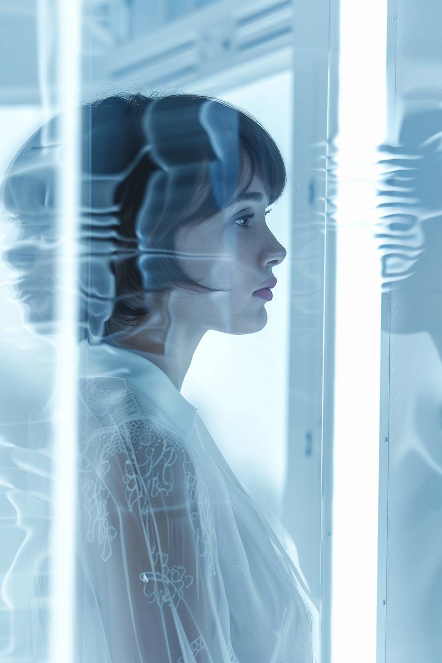 A beautiful female model standing in a frosted glass box, in the style of futuristic victorian, hyper-realistic sci-fi, photorealistic compositions, by Ivanovich Pimenov, UHD image, shot on Fuji XT-5, 8k, award-winning, high details