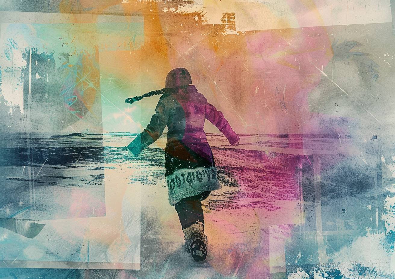 Abstract layered silkscreen print, an Inuit woman dances on the tundra under ethereal aurora nights, fragmented and distorted rectangles, large letters stencil overlay, low contrast palette, rough texture, flat image