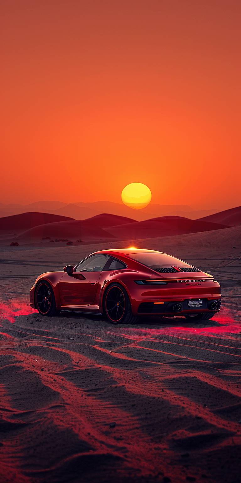 Porscheのミニマリストモダンな壁紙、夕日の沙漠にあるPorscheの車、ライトオレンジとダークパープルのグラデーションの背景、シンプルなデザインスタイル、高解像度、大規模な構図、柔らかい照明、細かいテクスチャのレンダリング、繊細なディテール、ミニマリズムと超現実主義の要素が組み込まれています。