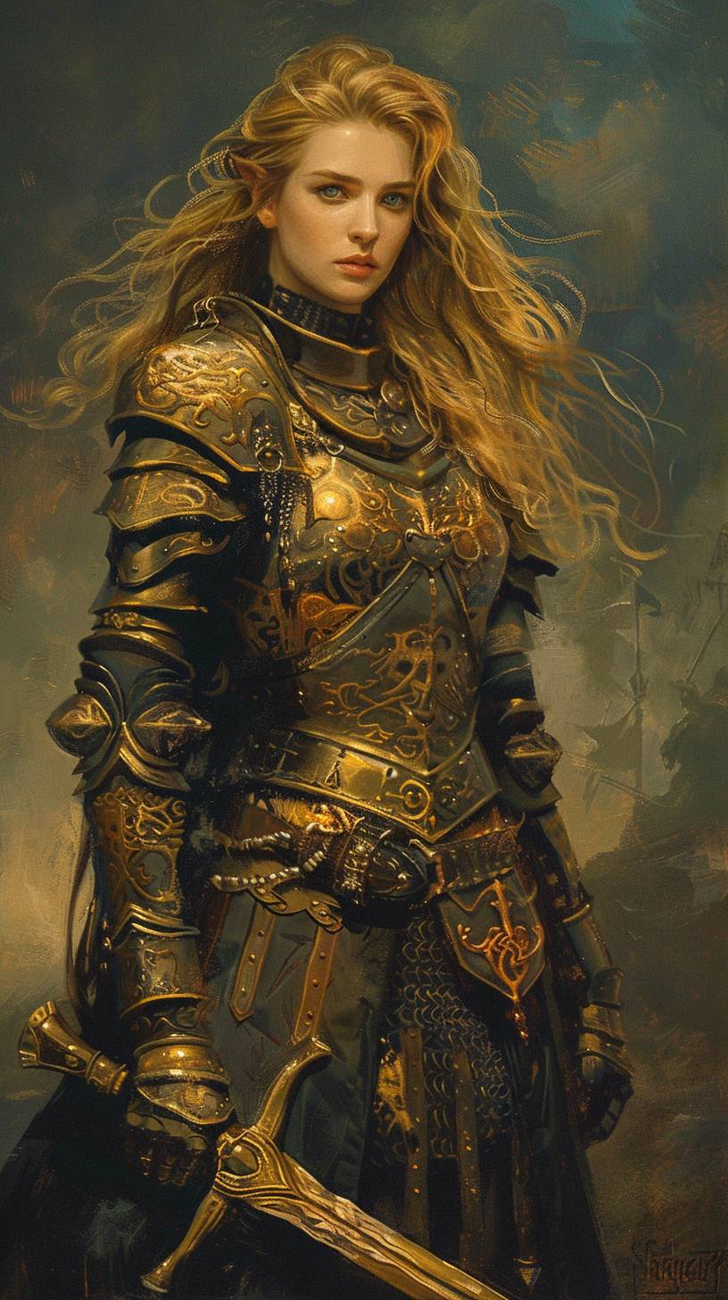 ダンジョンズ＆ドラゴンズ、女性の騎士、広がる平原、全身、濃い青色、ビクトリア朝の絵画、穏やかな表情、現実的な光の描写、金色の光