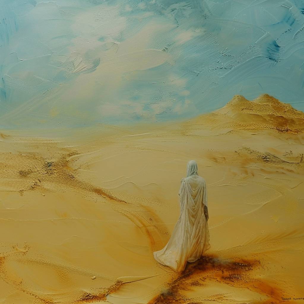 砂漠の間を風と一緒に歌う砂の中を[SUBJECT]が歩く。 砂は、思い出と夢の[COLOR1]模様であり、足元で移り変わり、各突風で[COLOR2]古代の秘密を明らかにし隠しています。 それは時間の儚さを物語る証--v 6.0