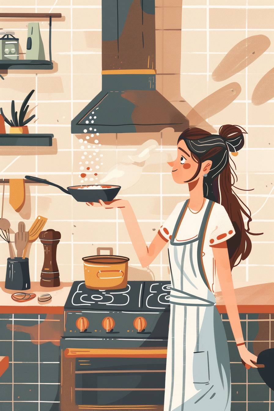 A girl stands in the kitchen, holding a frying pan above the gas stove, with her right hand and sprinkling salt on it with her left. The kitchen has a modern Scandinavian-style interior, with a flat and comic style illustration, minimal lines, and solid coloring. It incorporates everyday scenery and a summer atmosphere.