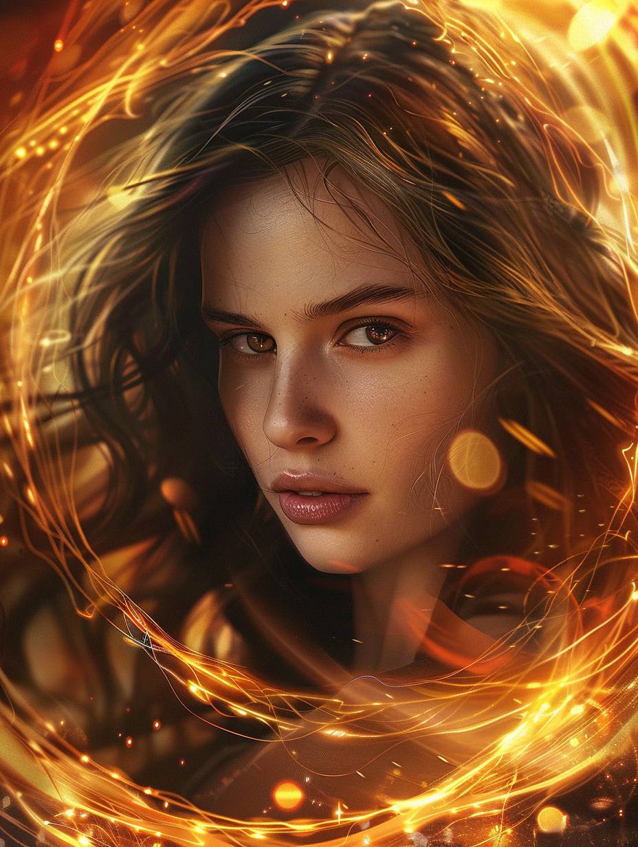 A beautiful girl with brown hair is surrounded by an energy spiral, in the style of fantasy, in a fantasy world, with magic light effects, in the digital art style, hyperrealistic, high resolution, very detailed, vibrant colors, a colorful background, a dynamic pose, sharp focus, in the style of portrait photography, a symmetrical composition, a magical atmosphere.