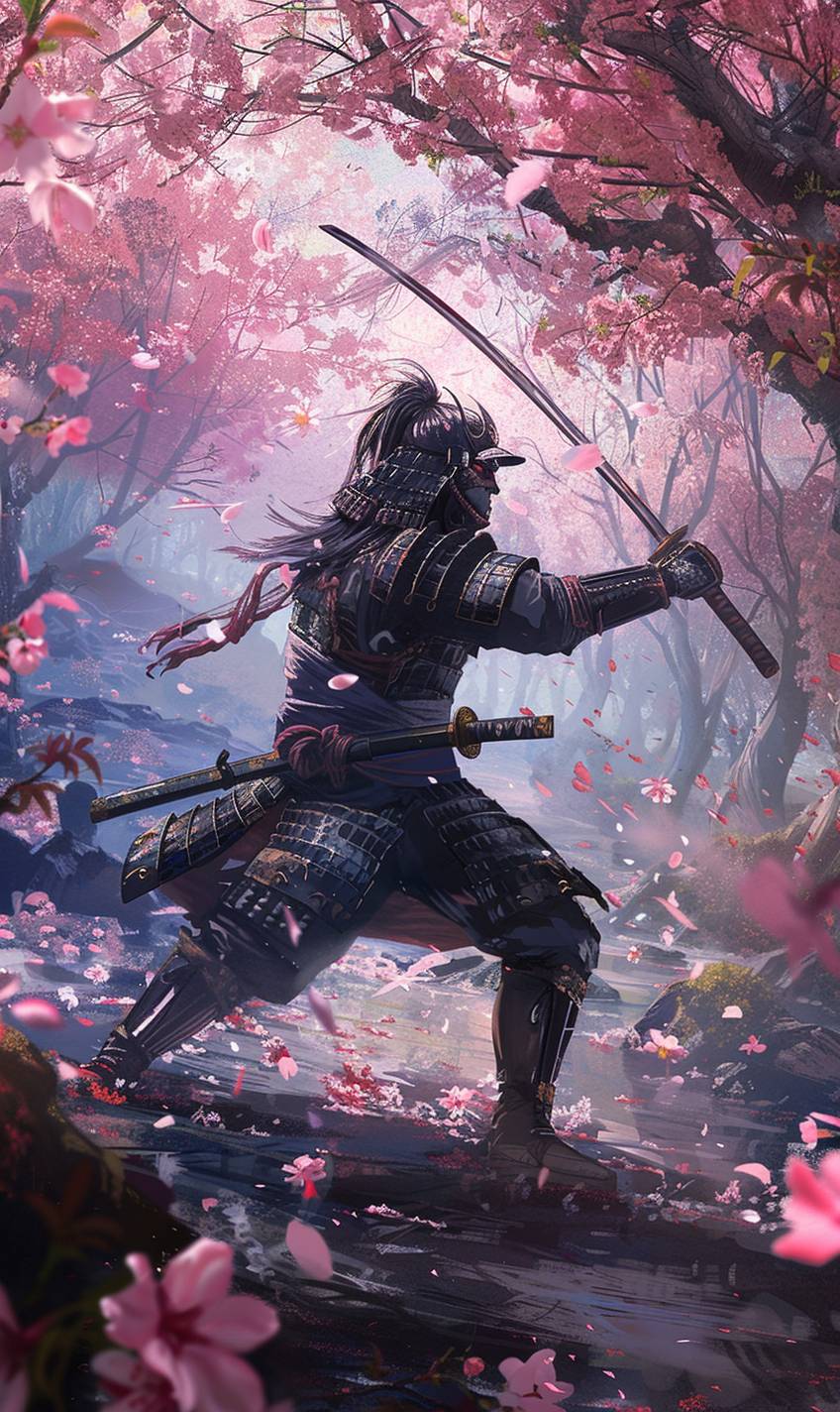 エマニュエル・シウ風のスタイルで、武士が桜の花の庭でトレーニングしています