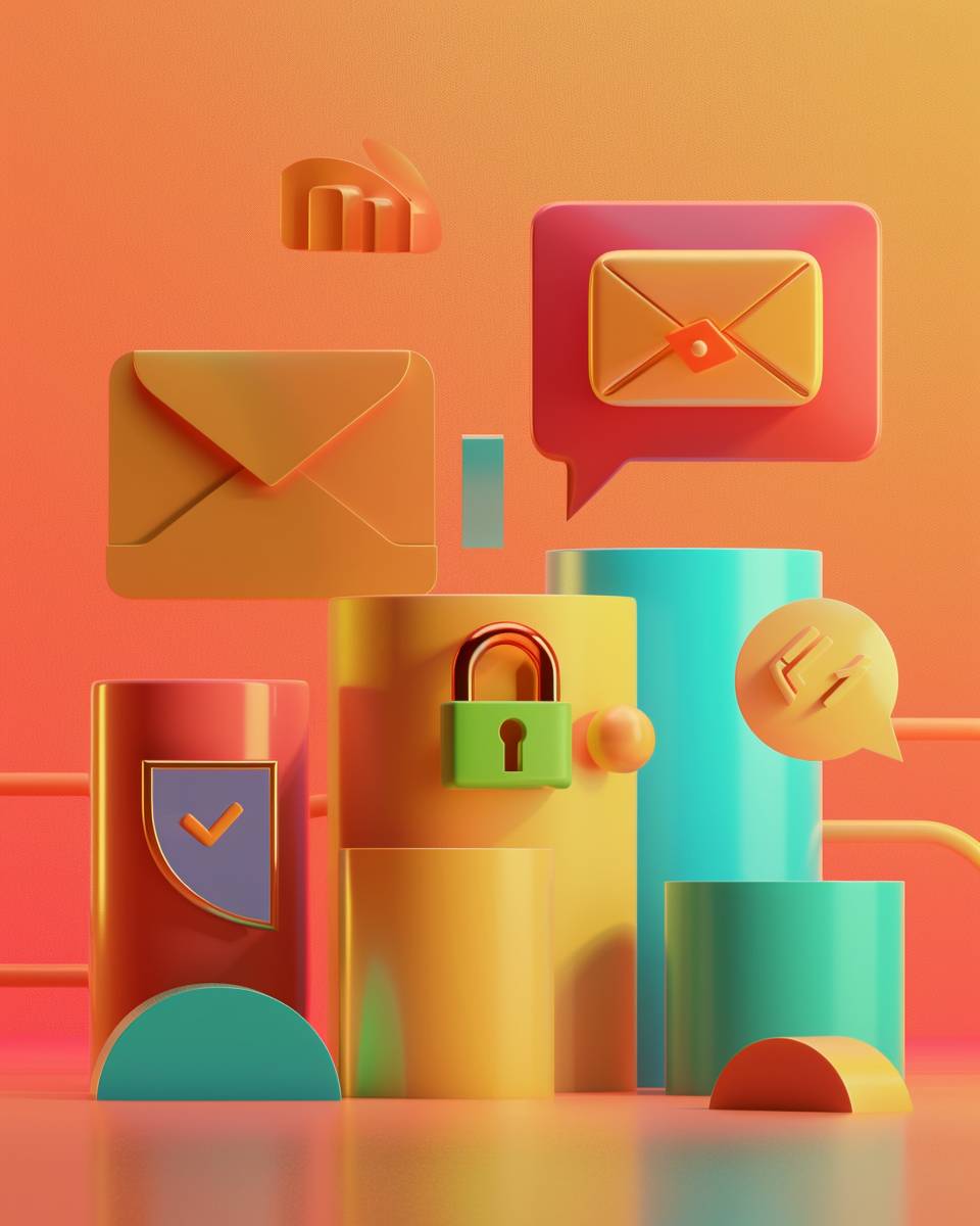 A minimalist composition of different sizes of Chat Bubbles, Envelope with a Lock, Data Server Icon, Shield with Check Mark and Fingerprint Icon on colorful podiums, rendered in the style of Pixar's animation. The background uses a gradient copper colour scheme, creating a calm atmosphere. A Speech Bubble with Lock sits at one end with soft shadows cast from it, symbolizing secured conversations. In front stands another Fingerprint Icon, adding depth to the scene. This is a simple yet elegant design that captures simplicity and modernity. Should give a sensation of digital security and encryption. Need emoji icons spread in the image that gives a sense of fun and interaction --ar 51:64 --v 6.0
