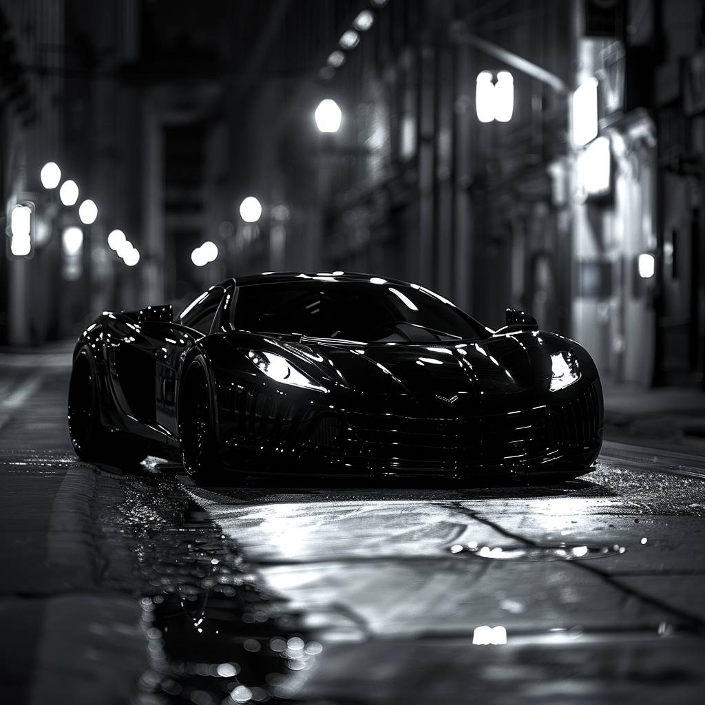 A monochromatic black and white portrait of a supercar monster in an urban environment, captured with low angle photography. The scene is lit by moonlight, casting dramatic shadows and highlighting the velvet texture of the clothing.