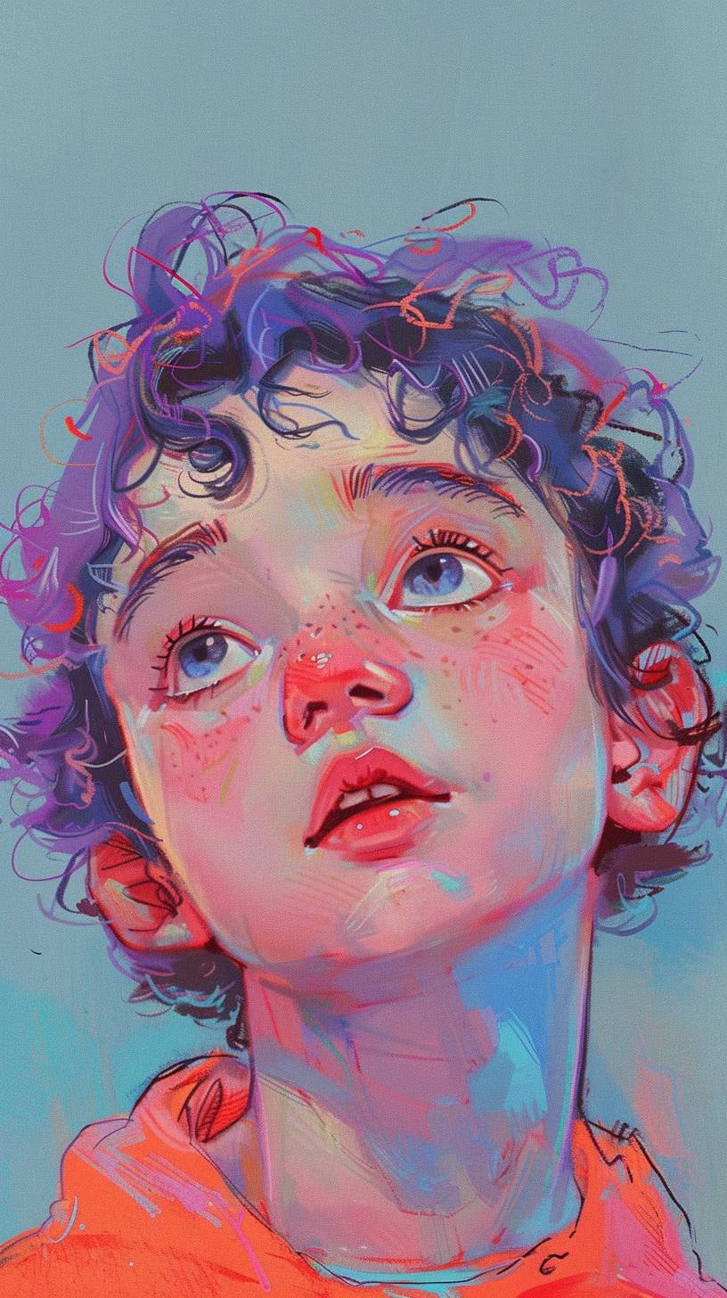 A drawing of a child, in the style of pastel markers, quirky character design, pastel oil, subtle tones, cutecore, blue