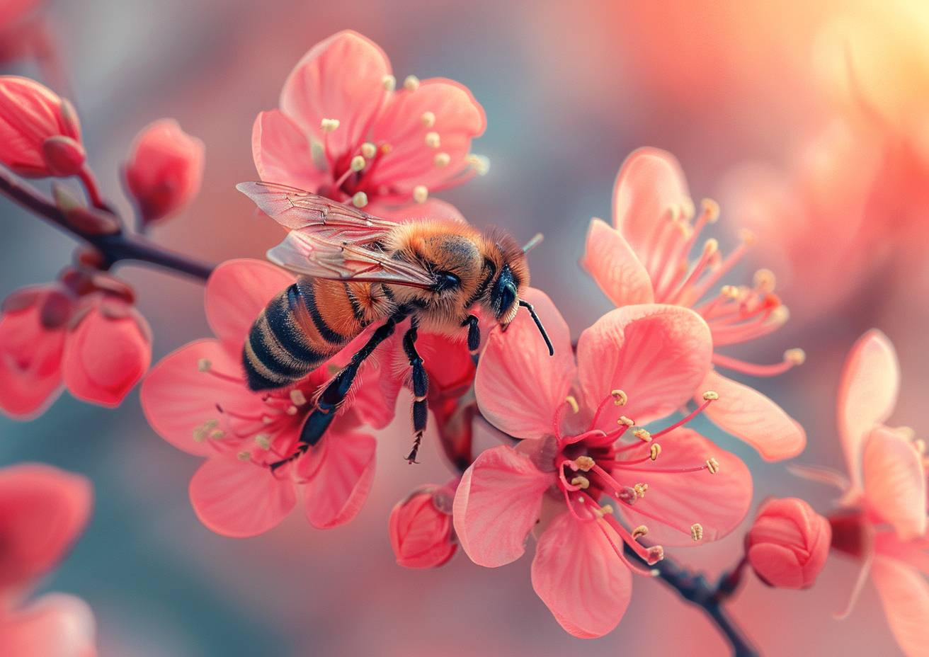 マクロ撮影はハチ、明るいピンク色の花、ミニマリズム、高解像度、強い視覚フロー