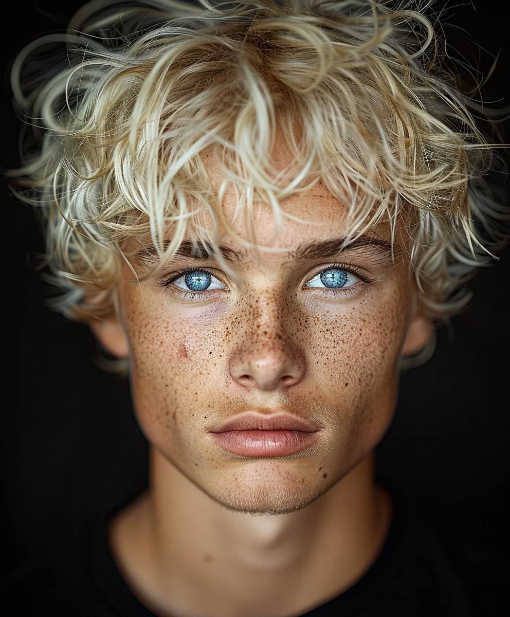 A modern-style photograph of a man with blue eyes, broad shoulders, and blond hair carelessly gathered at the back of his head.