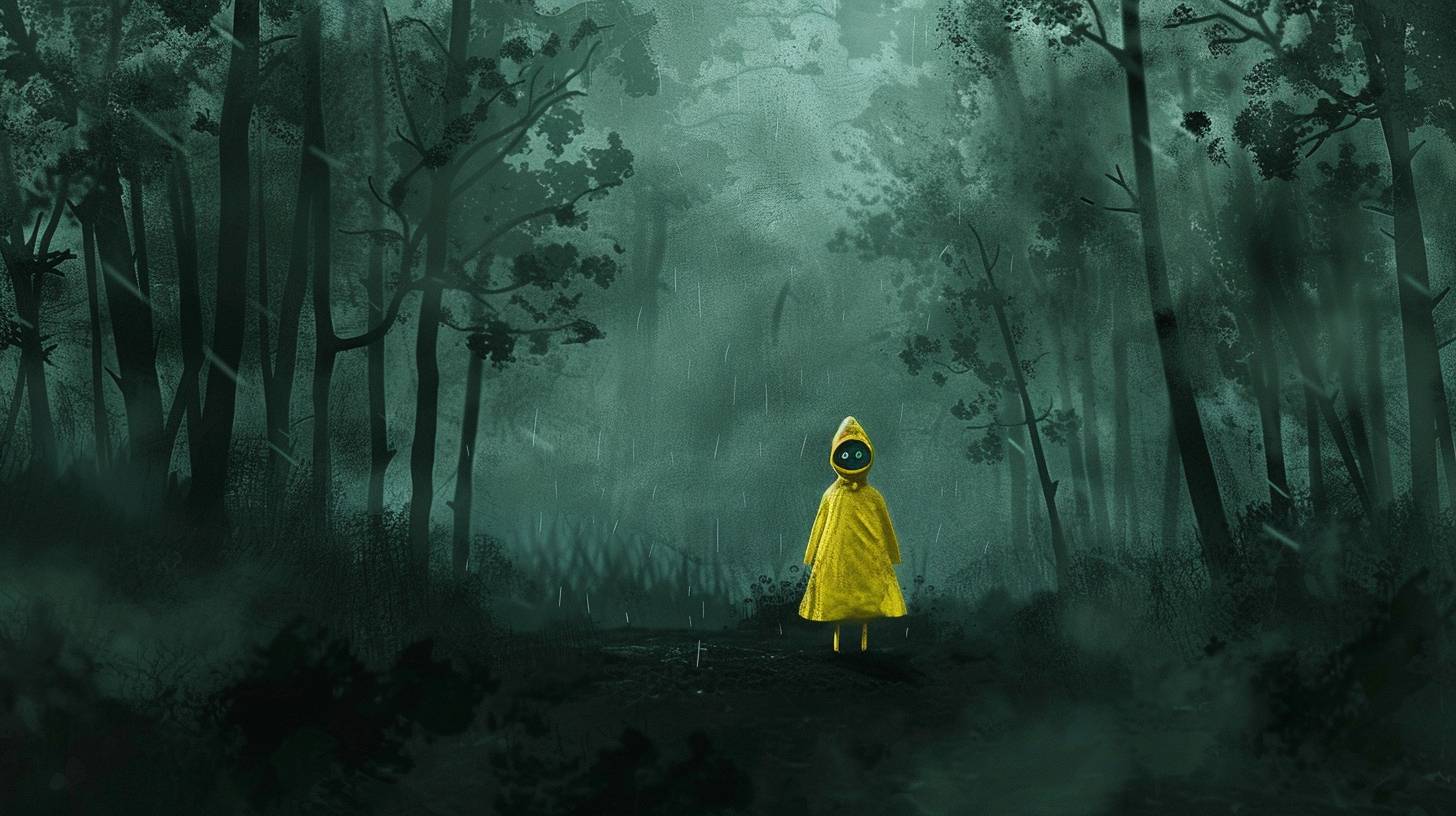 詳細な水彩画、アニメーション、黄色のレインコートを着たコラリン（Coraline）が暗い森で立っており、透明感のある緑色の光が漂っています。映画のような雰囲気で、ニール・ゲイマン（Neil Gaiman）--アスペクト比16:9 --バージョン6.0