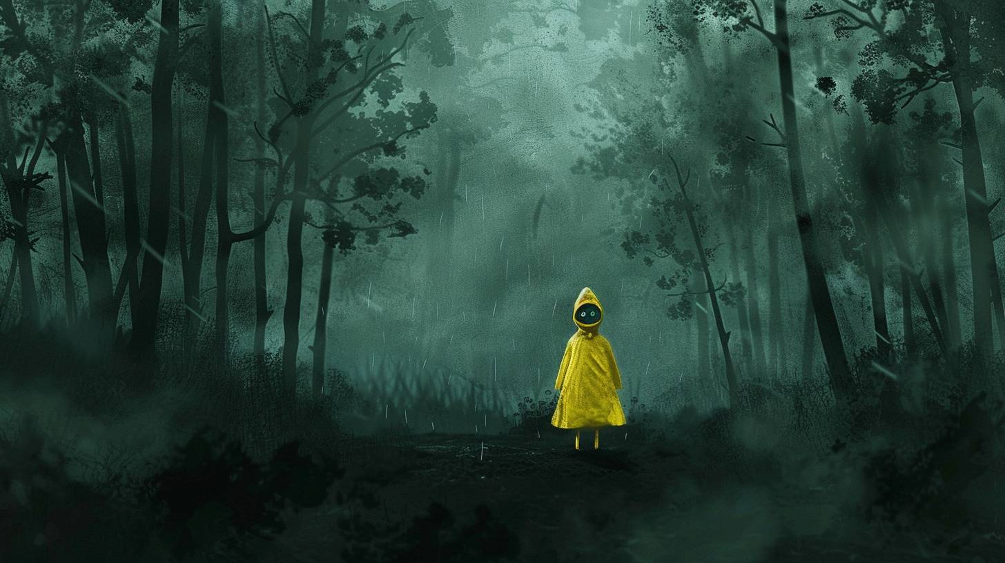 Detailed watercolor, cartoon, Coraline in a yellow raincoat, standing in a dark forest, muted green, diffuse light, cinematic, Neil Gaiman --aspect ratio 16:9 --version 6.0