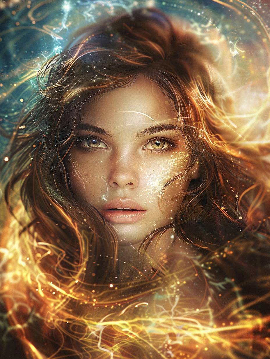 A beautiful girl with brown hair is surrounded by an energy spiral, in the style of fantasy, with magic light effects, in a fantasy world, with digital art style, hyperrealistic, high resolution, very detailed, vibrant colors, a colorful background, a dynamic pose, sharp focus, in the style of portrait photography, a symmetrical composition, a magical atmosphere.