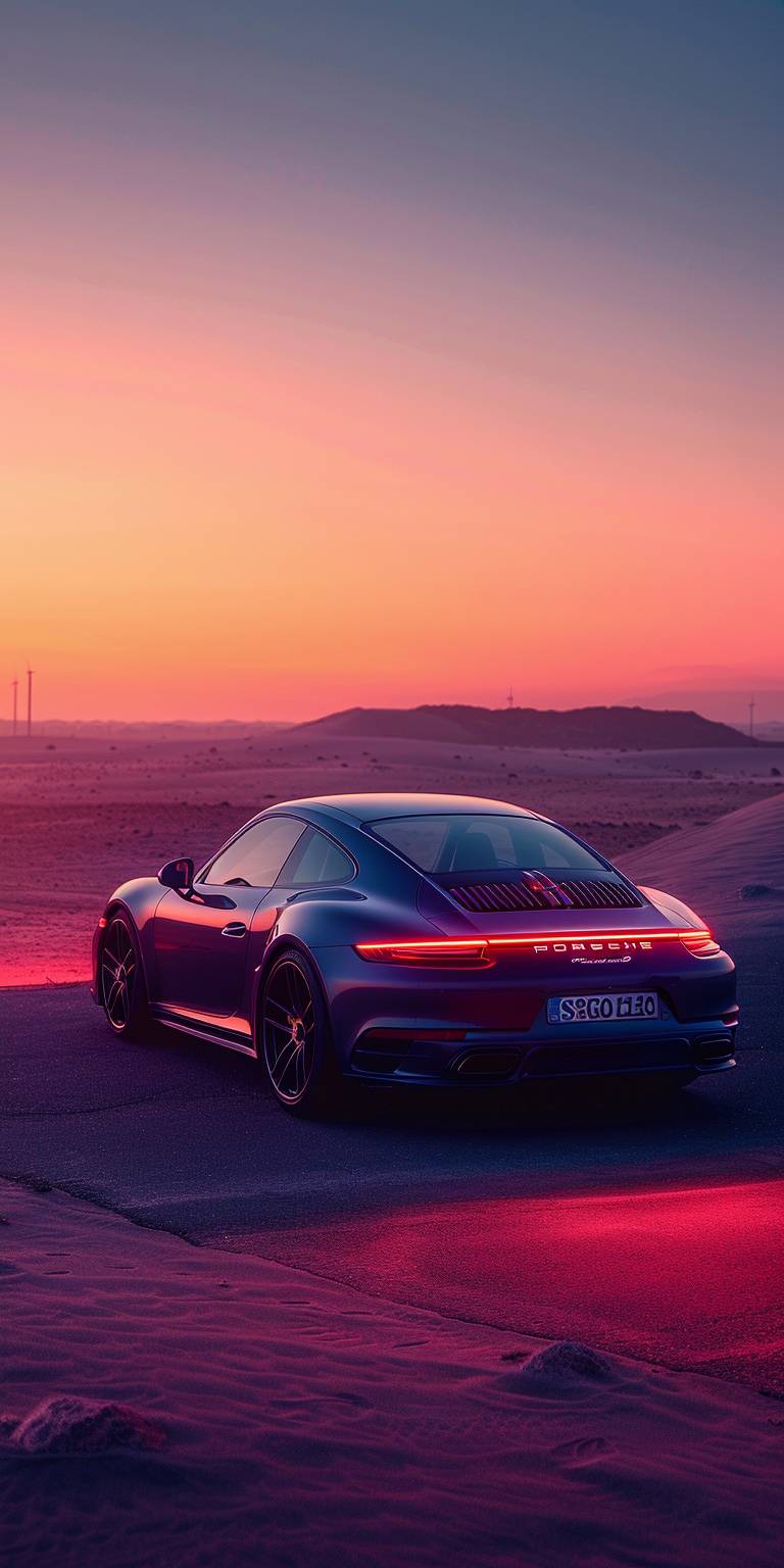 Porscheのミニマリストモダンな壁紙、夕日の沙漠にあるPorscheの車、ライトオレンジとダークパープルのグラデーションの背景、シンプルなデザインスタイル、高解像度、大規模な構図、柔らかい照明、細かいテクスチャのレンダリング、繊細なディテール、ミニマリズムと超現実主義の要素が組み込まれています。