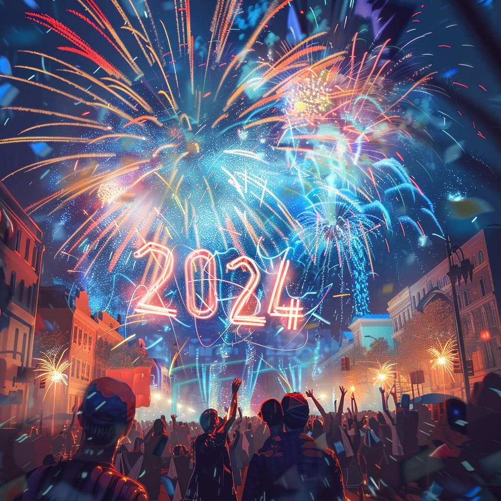 夜空に散開する花火が「2024」の形になり、空には青い夜空、街中にはお祝いをする人だかり、カートゥーンスタイル