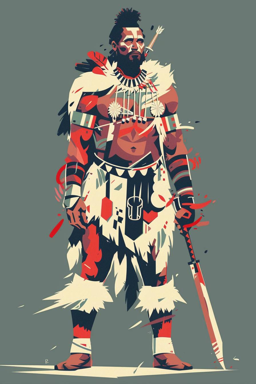 Warrior character illustrated in the style of Christopher Wool, full body, flat color