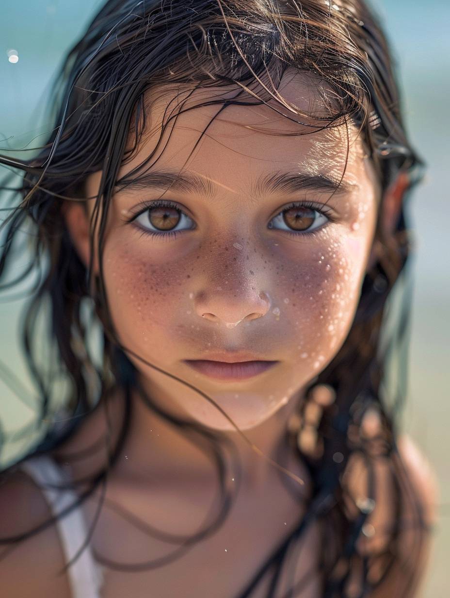Photos from a Canon D085 camera of an 11-year-old girl with long black hair as long as her ears and brown eyes, taken on the beach in the summer