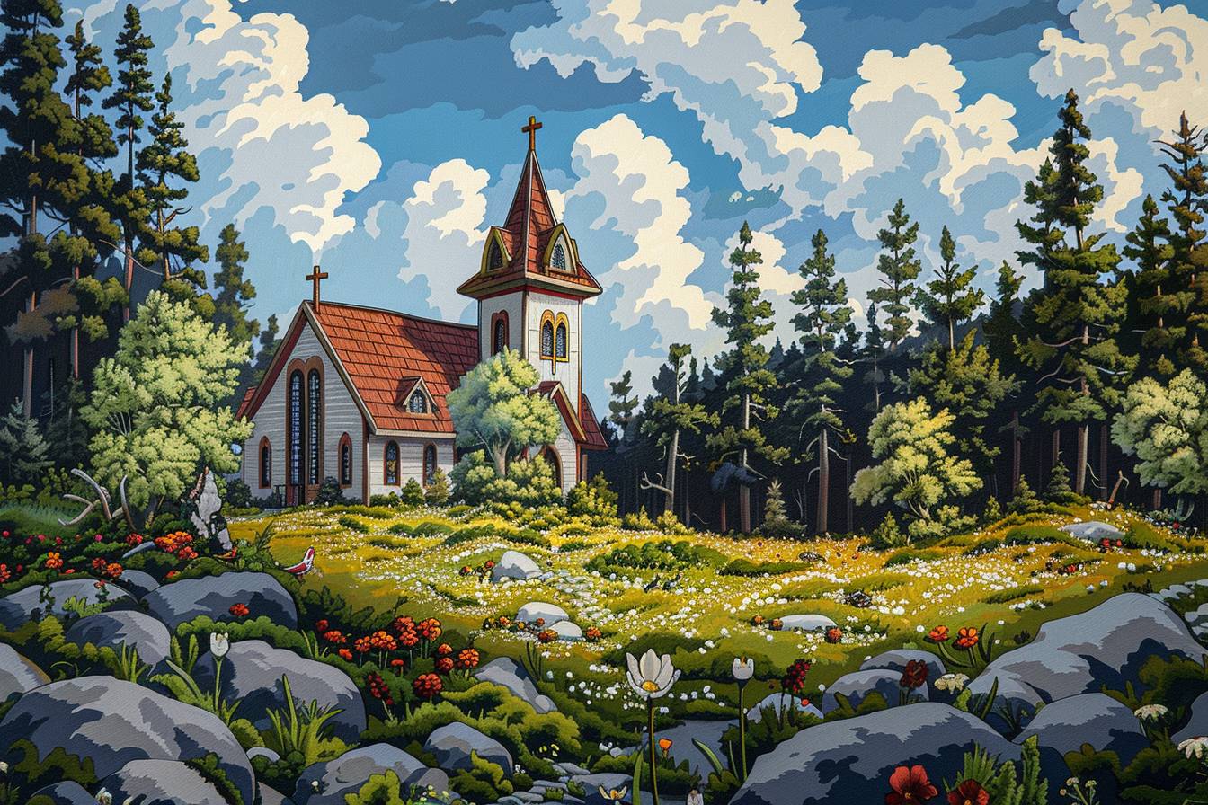 In the style of Mike Allred, stunning natural landscape, church