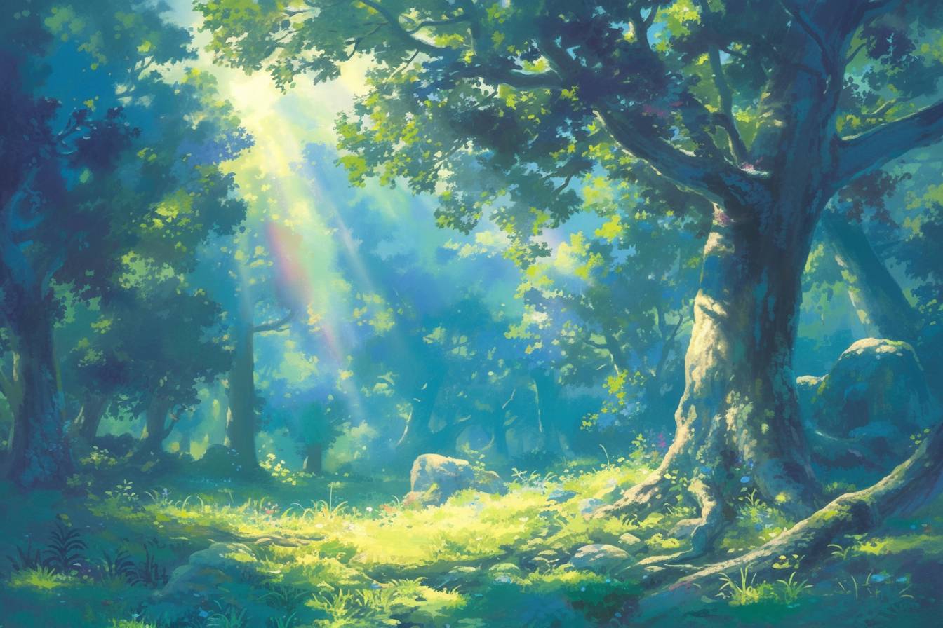 傑作、最高の品質、森の中の木々に差し込む陽光、宮崎駿のスタジオジブリのスタイル --niji 6 --ar 3:2