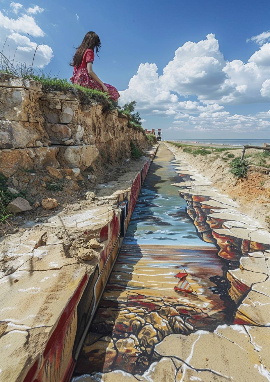 Forced perspective 3D chalk art on a brick wall, a 1960s girl at the beach, high key colours