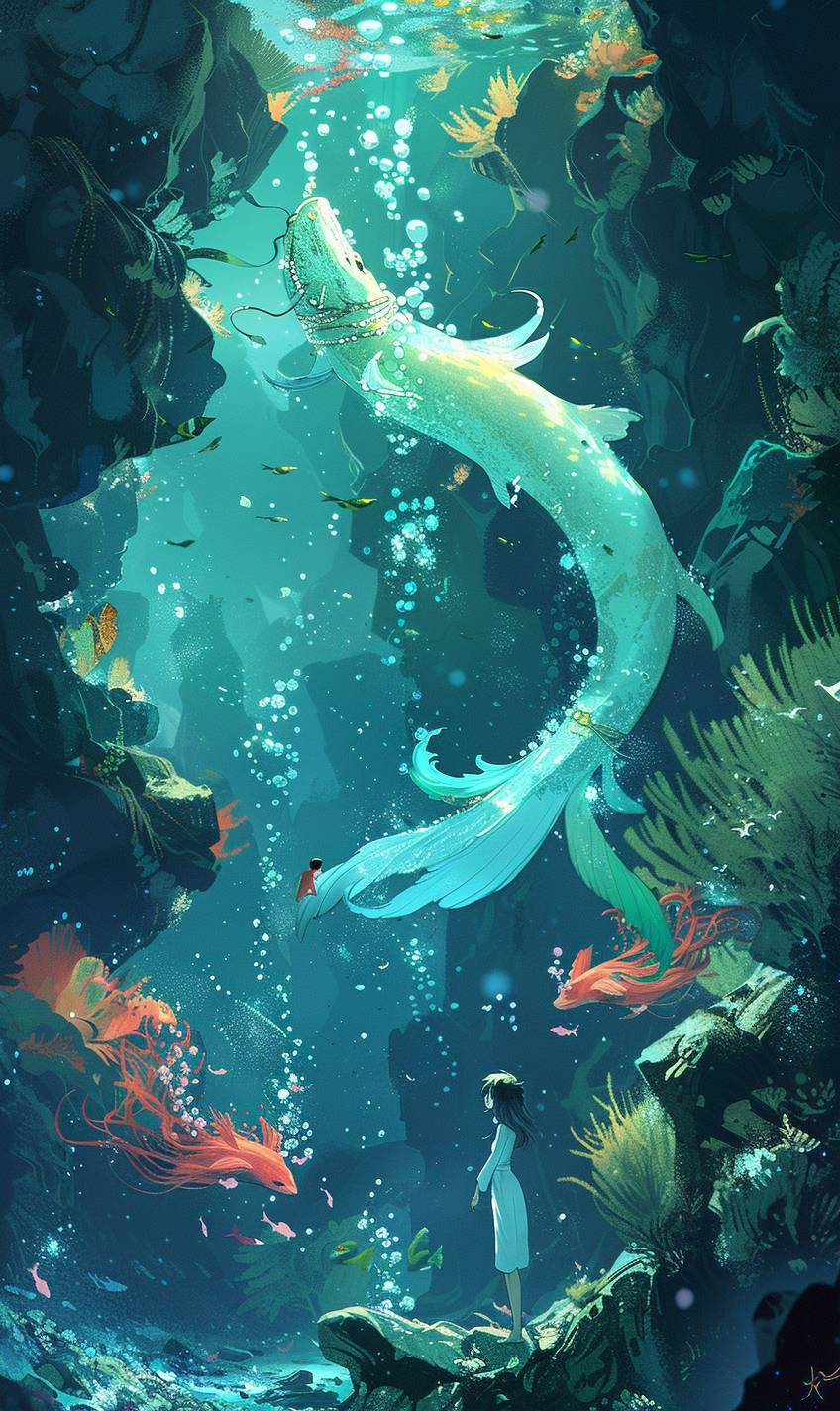 In the style of Atey Ghailan, an underwater cavern with magical merfolk