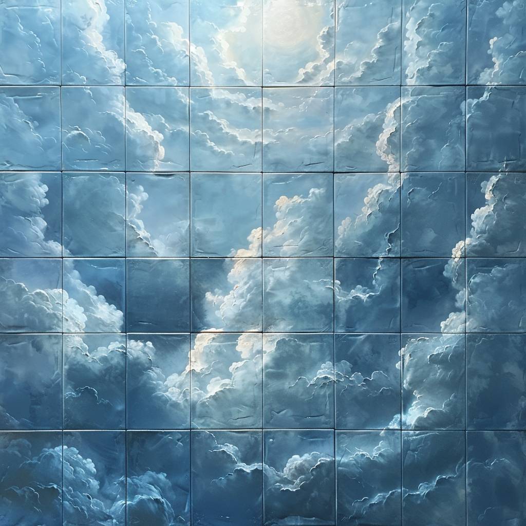 grid of tiles on the ceiling, with a sky painted onto it, looks like clouds and mist, in a photorealistic style, in the style of hyperrealism, close up, shot from below, with a wide angle.