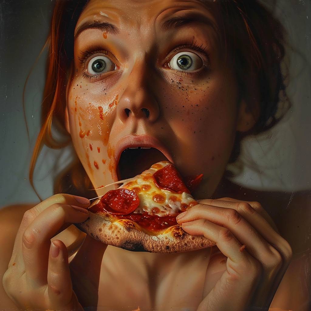 ピザを一口食べる女性、驚きの表情をしており、噛み砕いている、口に食べ物がある、目が大きく、興奮と幸せそうな表情をしている、静かでフォトリアリズム、リアルな生活、リアルな人々、リアルな女性。