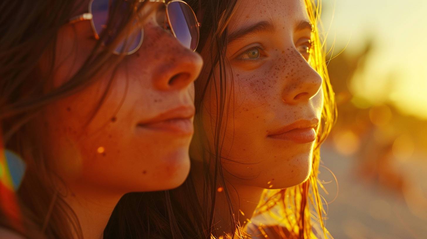 Cinematic, documentary photography, girls at a festival, close up shot, high camera angle, golden hour lighting, shot with Canon EOS C300 Mark III, clean composition