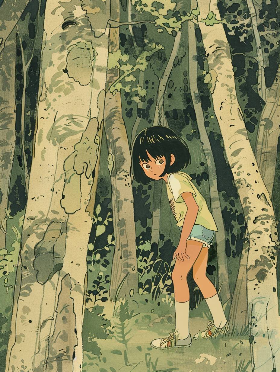 A young girl with short black hair, wearing white shoes and shorts, is playing hide-and-seek in the forest by peeking behind trees, in the style of Hayao Miyazaki, with a simple background, in the style of Japanese anime, with light green and yellow tones, as a cartoon illustration, as a full body portrait in a closeup shot, at a high resolution, with super detailed details, bright colors, cute expressions, and joyful emotions.