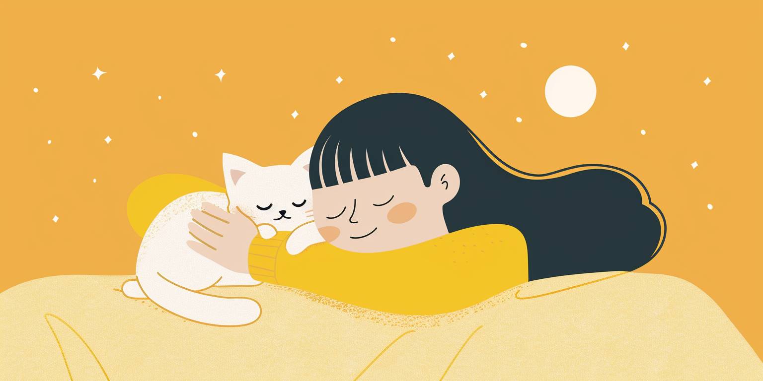 小さな女の子がベッドで眠っていて、白い猫を抱いています。イエローの背景と黒い輪郭でシンプルなフラットなイラストのスタイルです。かわいらしいキャラクターのデザインで、全身のポートレートです。シンプルな線で描かれたシンプルな描画スタイル、ミニマリズム、ベクトルグラフィックス、太い線で描かれたカートゥーンのキャラクターのカラフルなアニメーションスティル、遊び心のある線画、フラットなパステルカラー、子供向けの絵本にぴったりのイラスト、白い背景に対してミニマリストなポートレートに固体色ブロックと低彩度のハイコントラストな色を使用したアニメーションのGIF。