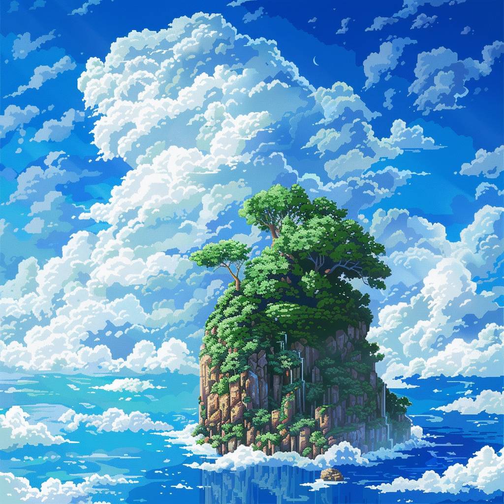 16 bit pixel art, island in the clouds, by Studio Ghibli, cinematic still, HDR