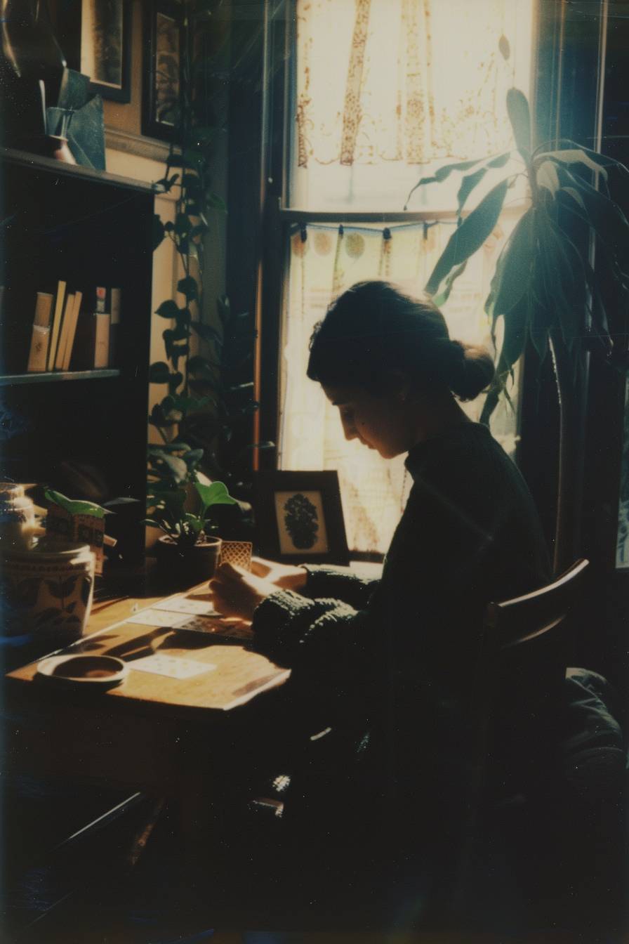 A woman playing solitaire at a desk, Fuji color film, Polaroid, 1999