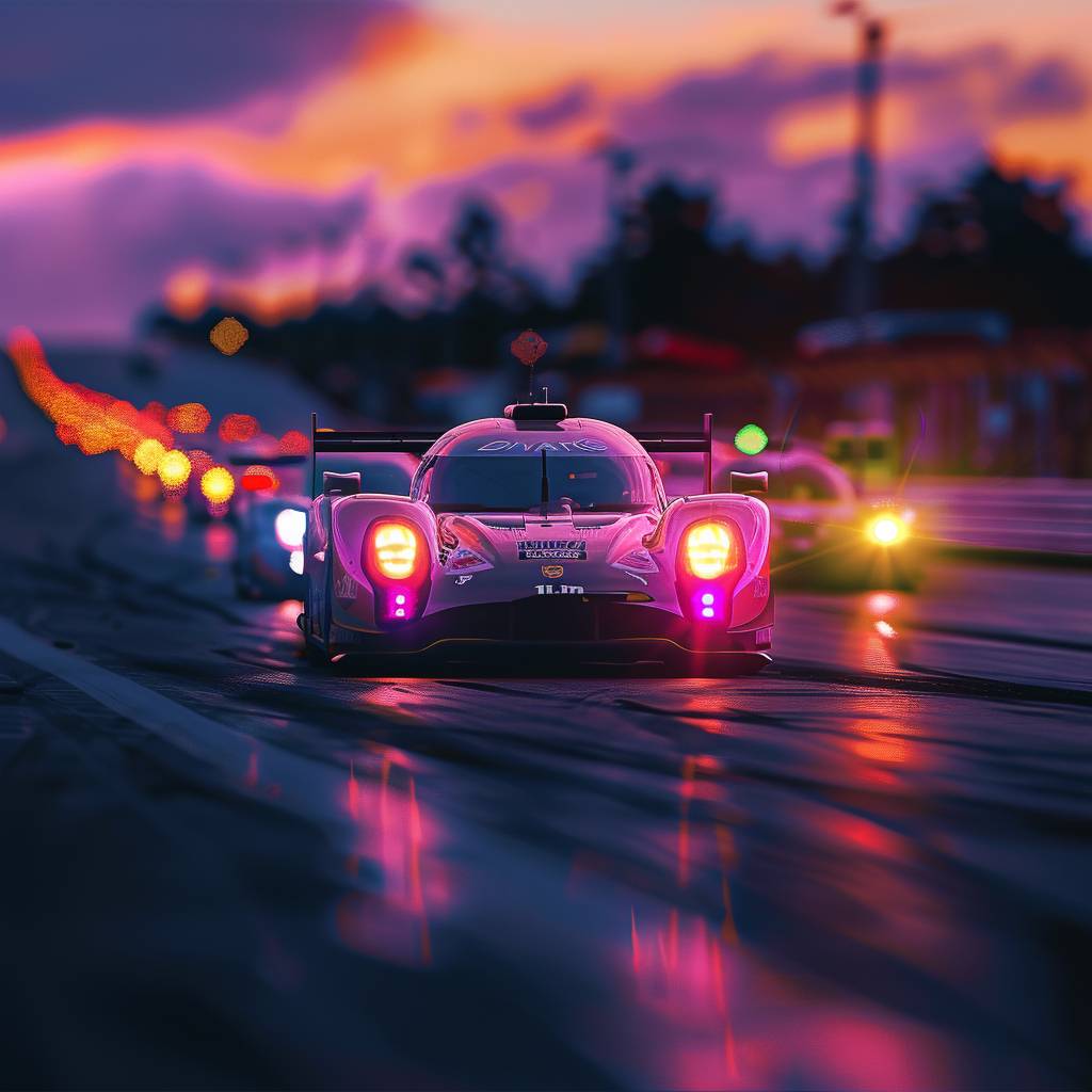 Endurance race cars at dusk twilight endurance, hd wallpaper, sony alpha a7 iii, pointillist precision, tilt-shift lenses, dark twilight purple and light headlight yellow