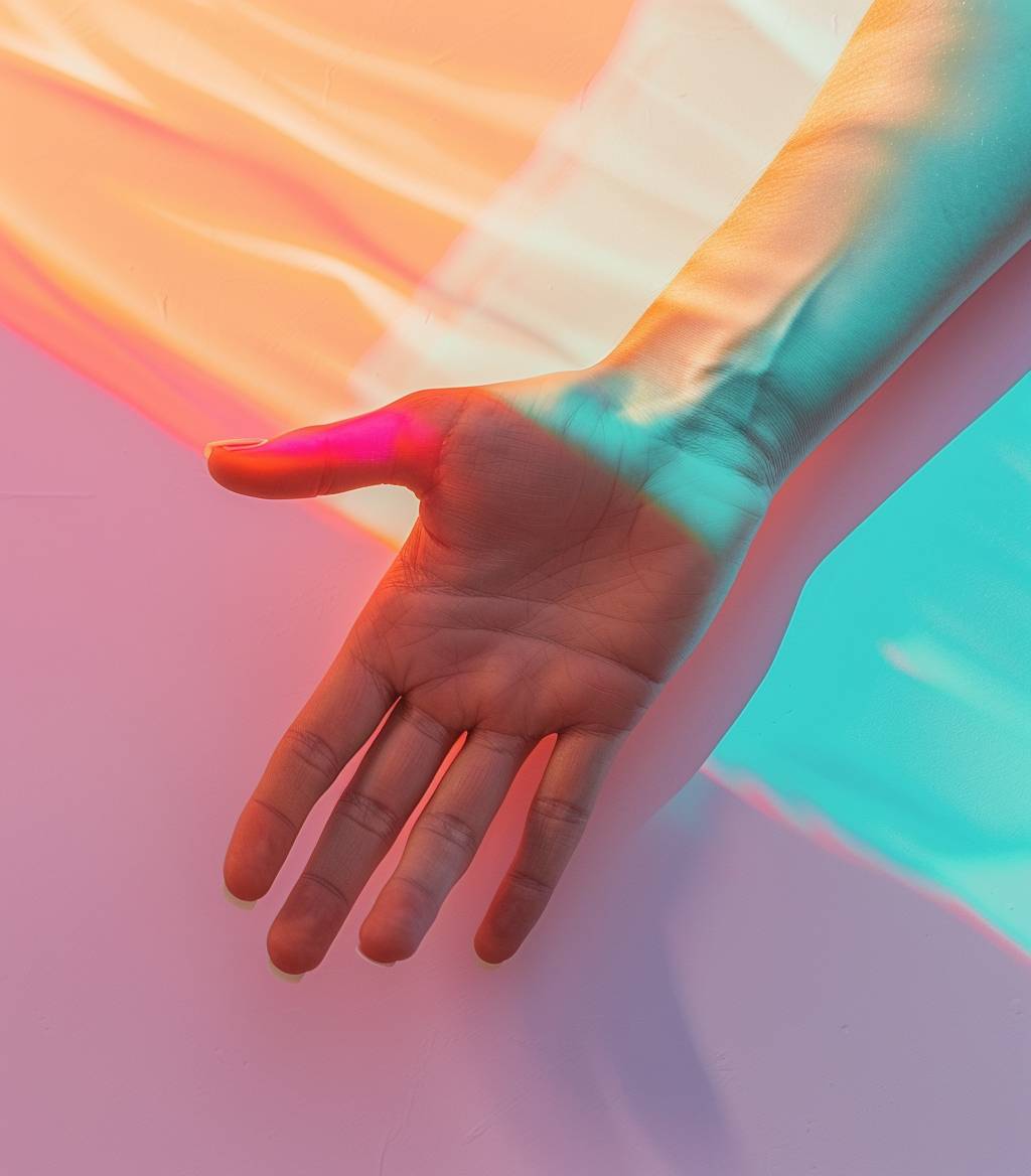 Photograph of a hand, plain bright background, minimalist, product mockup, vibrant and sharp, in a studio, studio lighting, Canon EOS R5