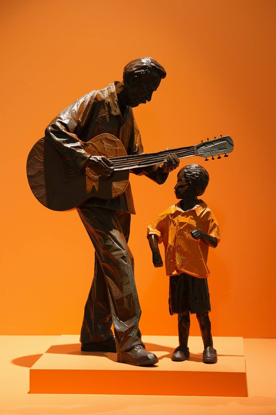 父と息子のインタラクションシーンアートインスタレーション：温かい父と息子のインタラクションシーンを選択し、二人が一緒にギターを弾く姿、背後には単色の背景でオレンジ色がメインカラーとして使用されています