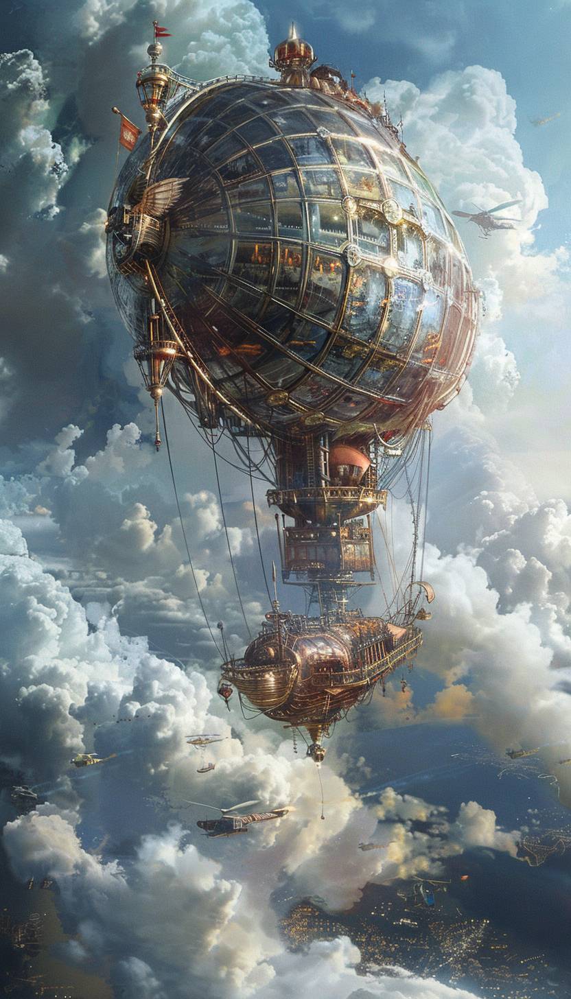 In the style of Georg Jensen, Steampunk airship gliding through the clouds --ar 4:7  --v 6.0