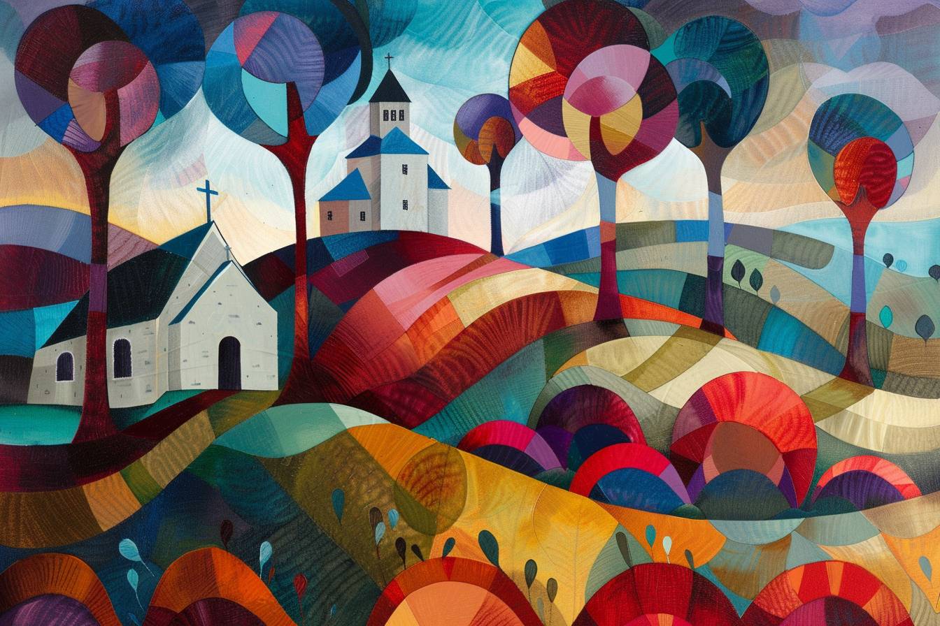 In style of Keith Mallett, stunning natural landscape, church
