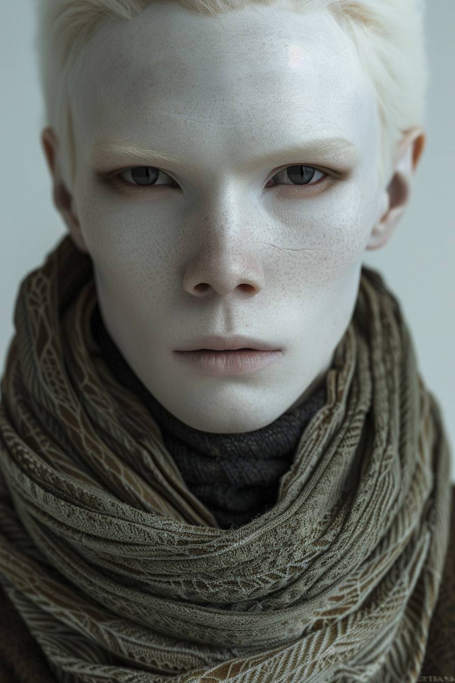 A photorealistic portrait of a ghostly white human with eerie pitch black eyes. The skin tone is albino pale white. Hair color is dark black, slightly wavy. Features include broad nose, full lips, high cheekbones, almond-shaped eyes, and large completely black almond-shaped eyes adapted to low light conditions. The subject is wearing plain, loose-fitting clothing in earthy colors. The image is in high resolution, 8k, with an extremely detailed skin texture showing pores and fine wrinkles. Soft, diffused lighting is coming from the left in a photo studio style. The portrait is captured with an 85mm lens, creating a shallow depth of field effect that blurs the background. The subject's facial expression is neutral and serious.