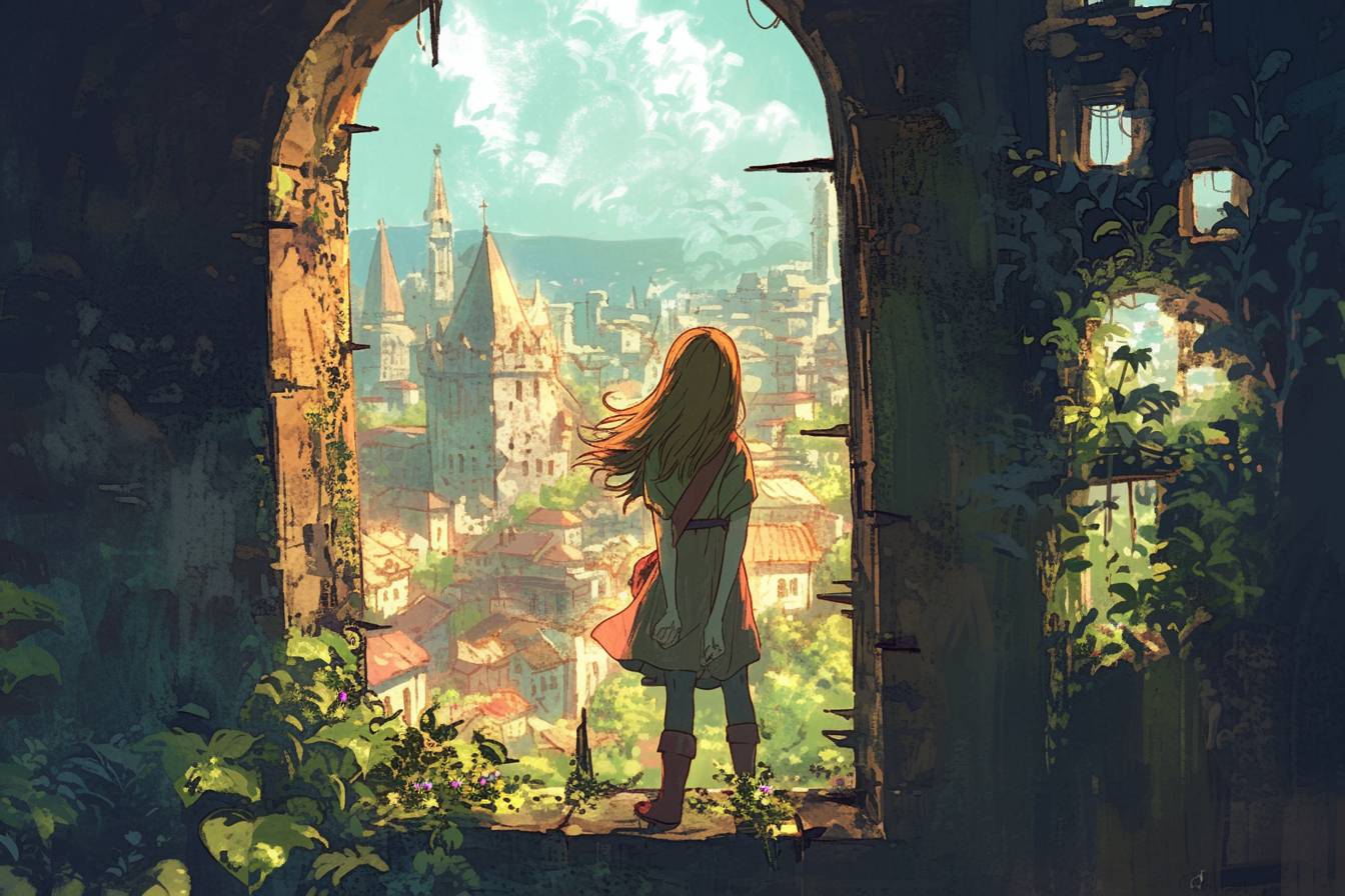 Girl opening the window over a medieval village, sunlight streaming in, best quality, masterpiece, style of Studio Ghibli by Hayao Miyazaki --niji 6 --aspect ratio 3:2