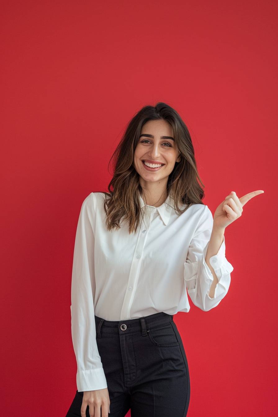 Portrait of a smiling businesswoman standing pointing to the right isolated on a red background, looking at the camera, wearing a white blouse and black trousers. In the style of a stock photo with space for text above.