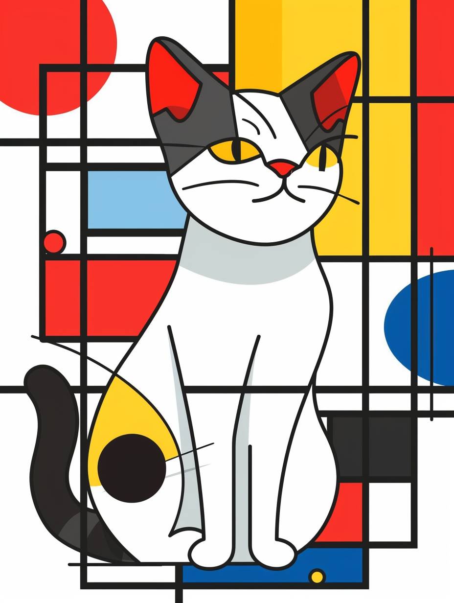 Cute cartoon cat in the style of Piet Mondrian, The illustration uses simple lines and shapes with flat colors in a simple design. It is a high resolution, high quality image in high detail.