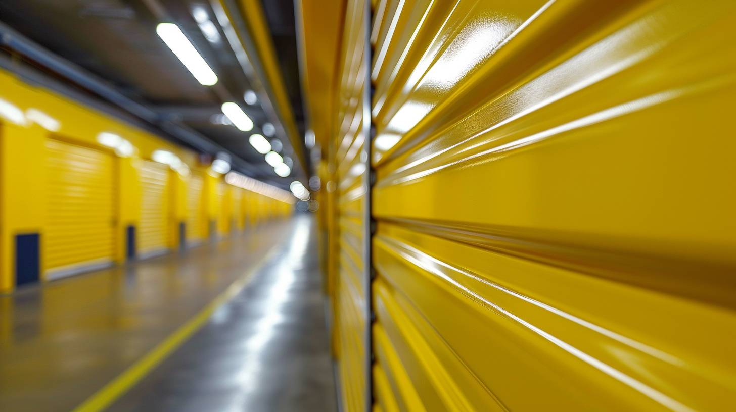 Detailed photography of a brand-new yellow storage door, underground, angled view, UHD, detailed, selective focus