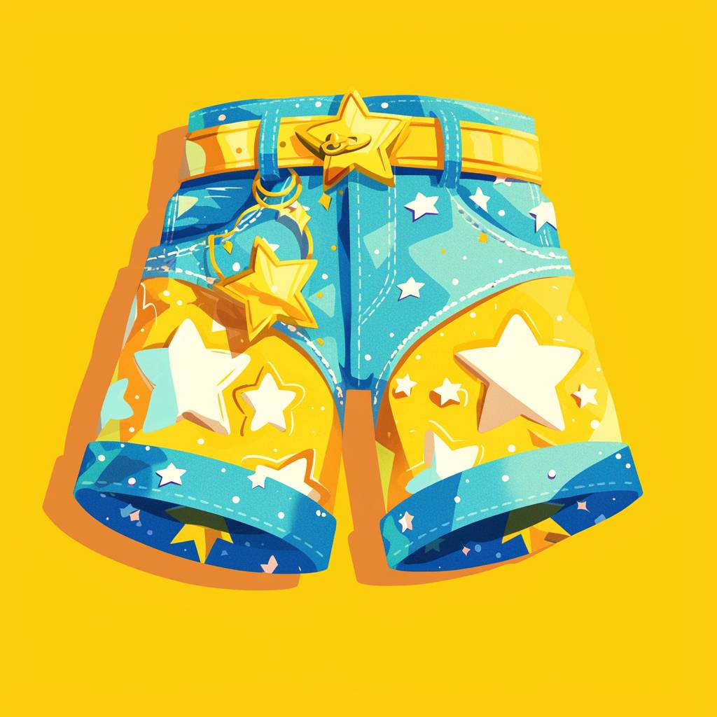 Mockup fashion design of shorts with star-shaped hems and star belt, yellow with blue denim, bright and vibrant, cute Harajuku style