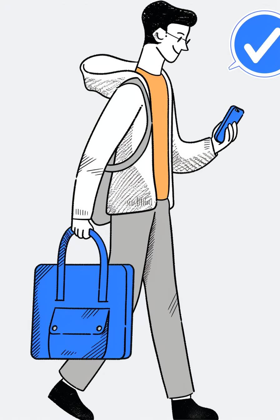 Illustration of a man holding a blue bag and looking at a cell phone with one hand, blue check mark, simple PPT only illustration