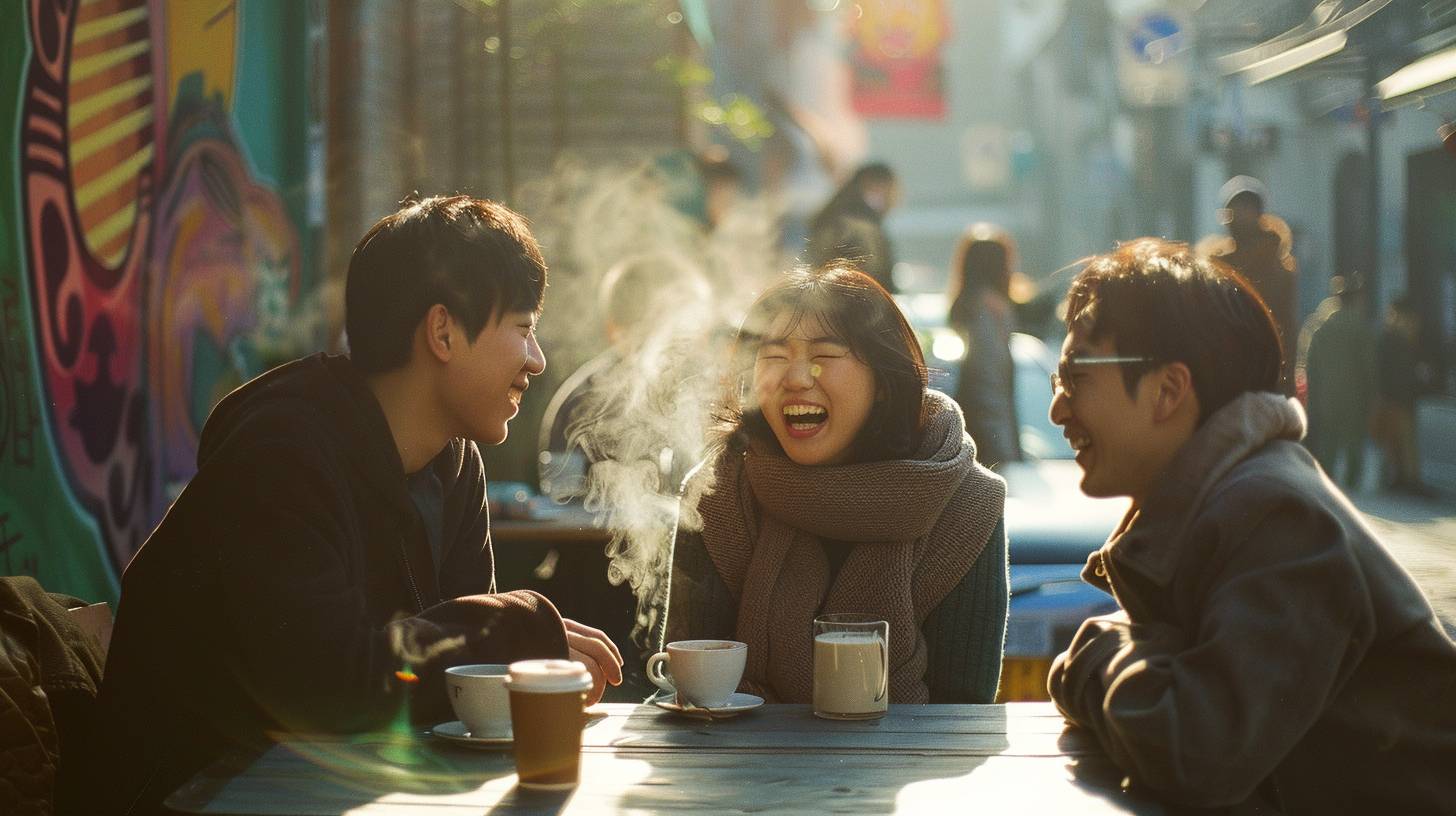 笑いを共有する3人の友人。喜びと友情。ソウルのホンデ地区の屋外カフェ。2015年の昼間。ストリートアート、通り過ぎるヒュンダイジェネシス、他の客。ウェストアップの中ショット。キヤノンEOS 5D Mark III、Kodak Portra 400フィルムで撮影。明るい日差し、コーヒーカップから立ち昇る蒸気、高いコントラスト。