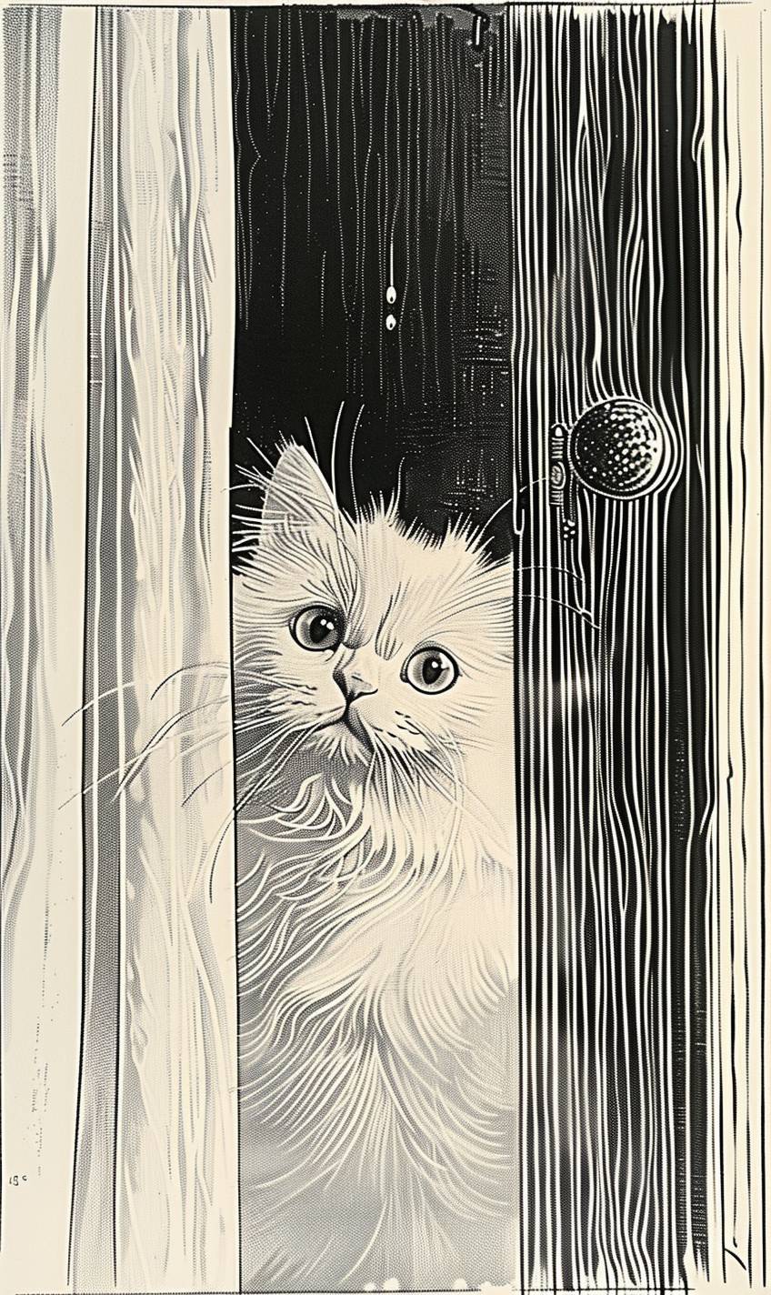 オーブリー・ヴィンセント・ビアズリー： 長いカーテンのある試着室から覗き込む白くて低い鼻と丸い目のペルシャ猫