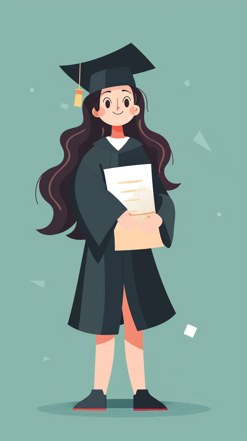 Please help me design a flat UI picture of a beautiful girl wearing a college graduation gown holding a scroll in her hand, facing the audience, full body
