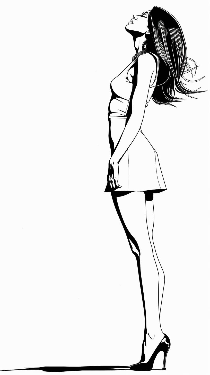 Pure white background, woman sideways, full body, skirt, high heels, linealism, illustration art, minimalism