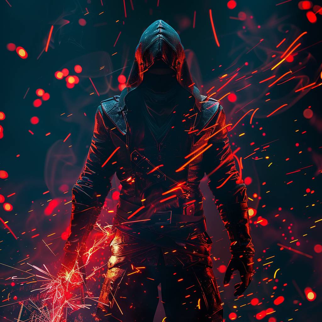 A 3D neon depiction of a male assassin, surrounded by sparks in [Colors], [background], with a centric, wide front view. It glows and features shadow effects, providing high quality --v 6.0.